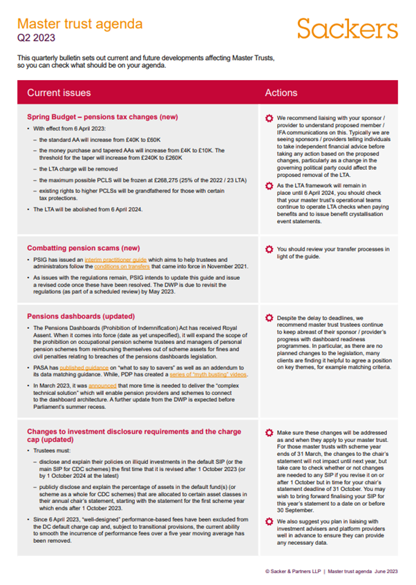 Latest master trust agenda
